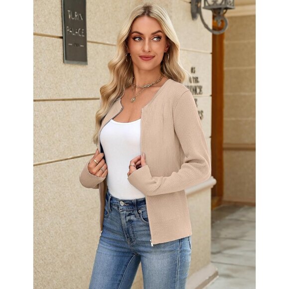 Totatuit Womens Camel Long Sleeves Cardigans Knitted Lightweight Zipper Sweater - Picture 4 of 8